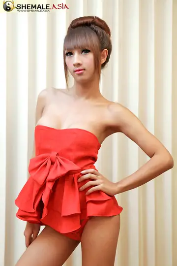 Slim Trans Woman Strips Out of Her Red Dress