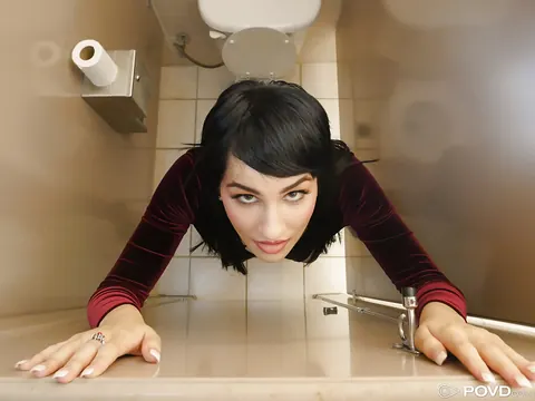 Allora Ashlyn: Slim Brunette in High Heels Fingers Her Shaved Pussy in the Bathroom – photo 1 of 16