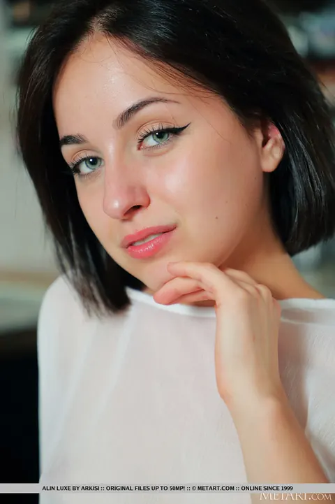 Alin Luxe: Brunette with Natural Tits Strips Nude and Shows Her Shaved Pussy – photo 7 of 18