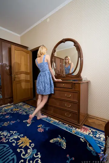 Petite Redhead Strips and Spreads Before Mirror