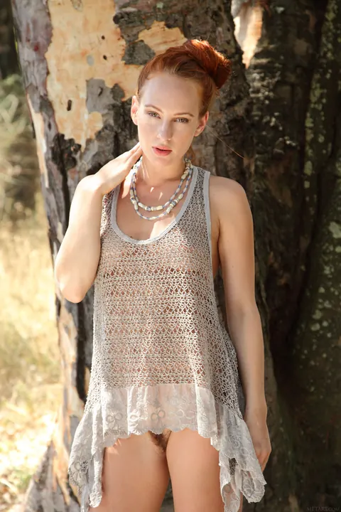 Sally A: Busty Redhead Spreads Her Hairy Pussy in the Open Air – photo 2 of 21