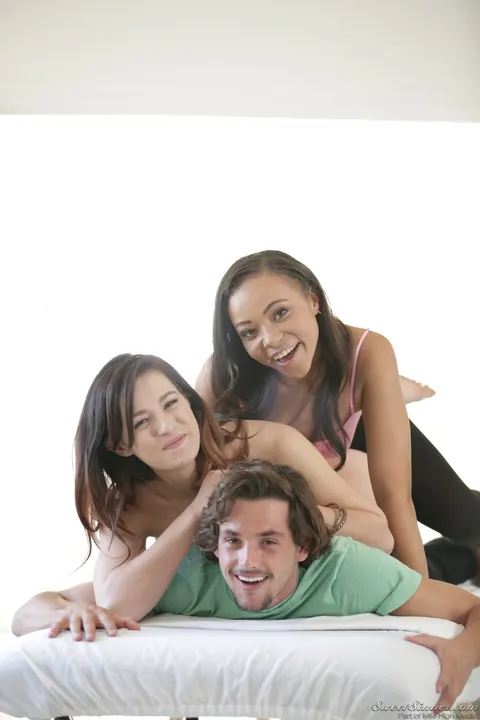 Adriana Maya: Two Ebony Brunettes Undress and Kiss a Man in a Threesome – photo 12 of 17