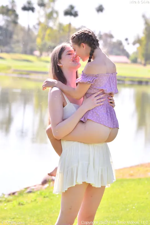 Mira Monroe & Olivia Madison: Petite Lesbians Strip and Lick Pussy Outdoors – photo 5 of 20