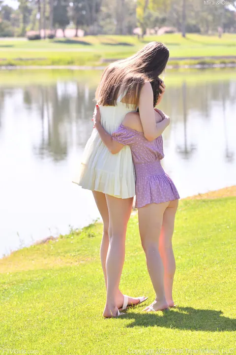 Mira Monroe & Olivia Madison: Petite Lesbians Strip and Lick Pussy Outdoors – photo 3 of 20