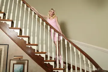 Slim Blonde in a Skirt and Heels Spreads Her Shaved Pussy and Does Anal
