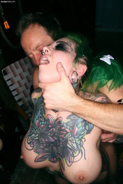 Sydnee Vicious: Tattooed Brunette with Big Fake Tits Rides Him in Stockings – photo 15 of 17