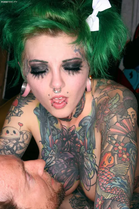 Sydnee Vicious: Tattooed Brunette with Big Fake Tits Rides Him in Stockings – photo 10 of 17