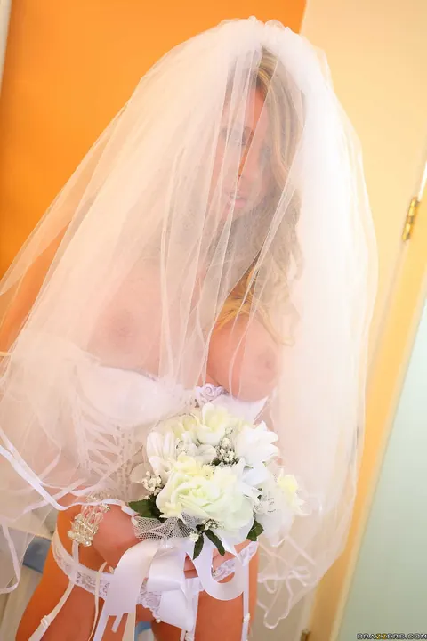 Brynn Tyler: Blonde Bride Shows Her Big Tits in White Lingerie and Stockings – photo 3 of 21