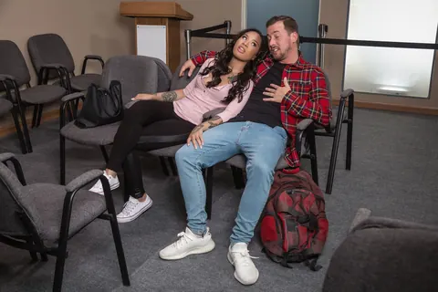 Anna Bell Peaks: Busty Asian MILF and Petite Ebony Redhead Share a Man in the Office – photo 1 of 21