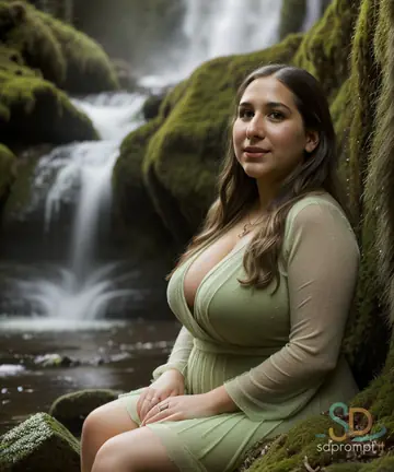 AI-Generated Busty Brunette in a Bikini Spreads at a Waterfall