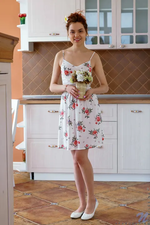 Aphrodesia: Skinny Brunette Strips Off Her Panties on the Kitchen Counter – photo 1 of 16