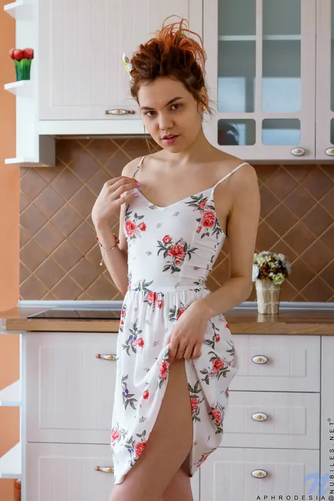 Aphrodesia: Skinny Brunette Strips Off Her Panties on the Kitchen Counter – photo 2 of 16