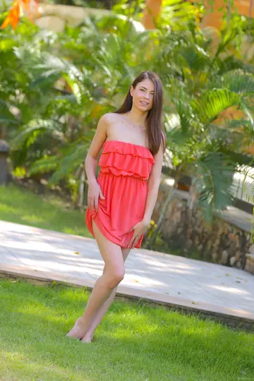 Skinny Brunette Strips and Spreads Her Shaved Pussy Outdoors