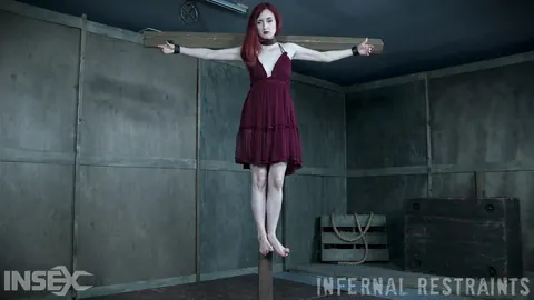 Penny Lay: Thick Redhead in a Skirt Fingers Her Shaved Pussy While Bound in a Dungeon – photo 11 of 14