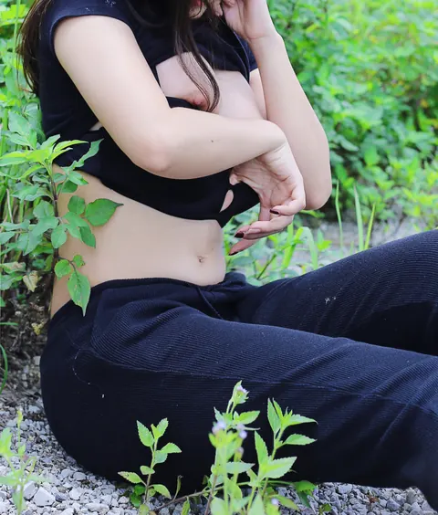 Asian Brunette Flashes Her Big Tits and Spreads Her Legs Outdoors – photo 14 of 20