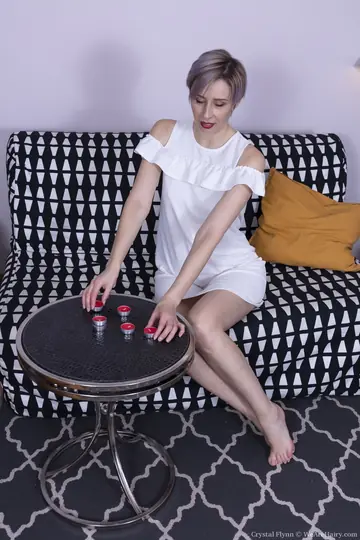 Tall Pale MILF with Short Hair Spreads Her Hairy Crotch on the Sofa
