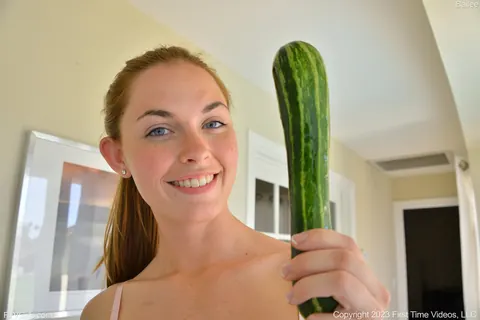 Bailey Rayne: Blonde with Natural Tits Penetrates Her Shaved Pussy with a Cucumber – photo 9 of 20