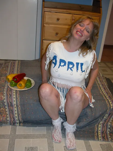 April Showers: Petite Blonde MILF in Socks Masturbates Shaved Pussy with a Dildo – photo 1 of 21