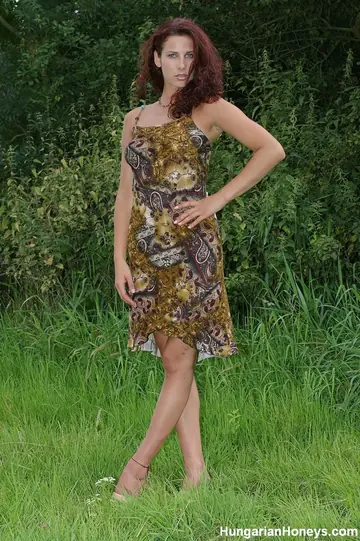 Hungarian Redhead MILF with Big Tits Strips Outdoors in Panties