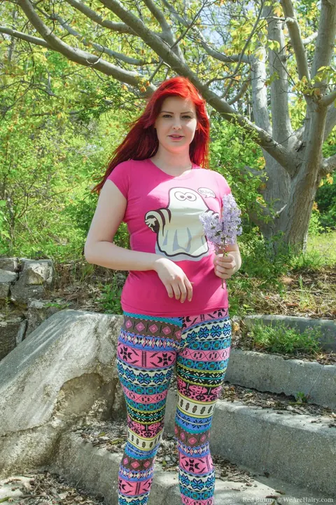 Red Bunny: Tall Russian Redhead Flashes Her Hairy Pussy Outdoors – photo 2 of 17