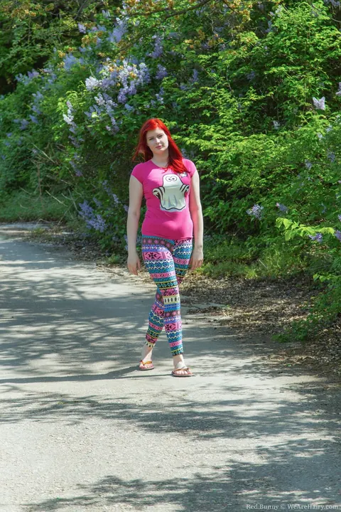 Red Bunny: Tall Russian Redhead Flashes Her Hairy Pussy Outdoors – photo 1 of 17