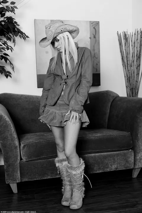 Rebecca Blue: Petite Blonde in a Skirt and Boots Spreads Her Pussy – photo 3 of 21