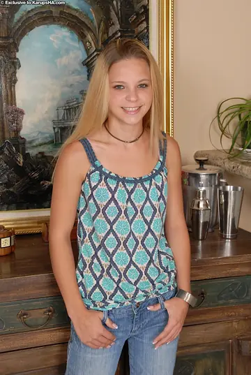 Destiny Garnet – Blonde in Jeans and Lingerie Strips and Spreads Her Shaved Pussy