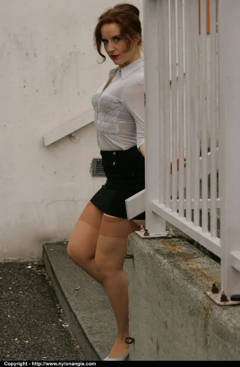 Dirty Angie: Thick Redhead MILF Spreads Her Hairy Pussy Outdoors in Stockings – photo 2 of 12