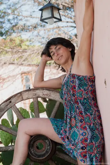 Slim Mature Latina Spreads Hairy Pussy Outdoors in a Thong
