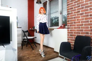 Skinny Redhead Latina Strips Off Her Panties and Shows Her Shaved Pussy