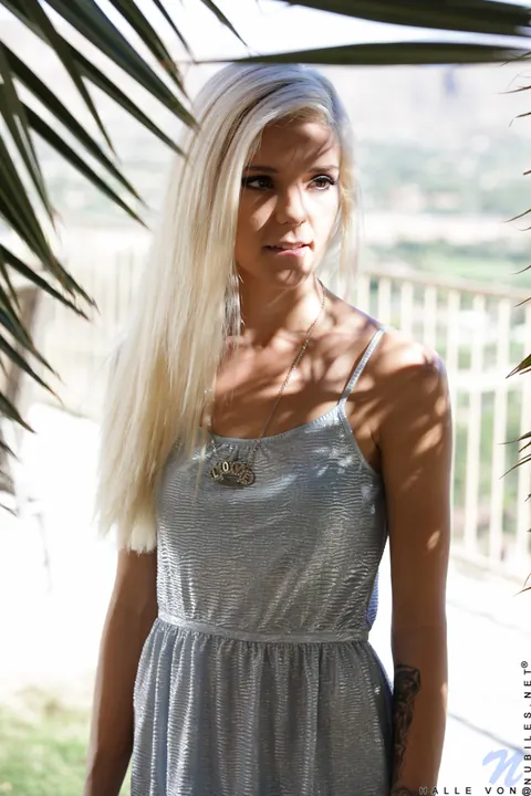 Halle Von: Blonde in a Skirt Pulls Down Her Panties and Kisses Outdoors – photo 2 of 10