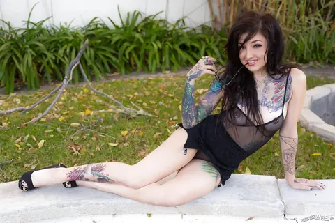 Kelsi Lynn: Pale Tattooed Brunette in Lingerie, Bikini and Glasses Spreads Outdoors – photo 6 of 16