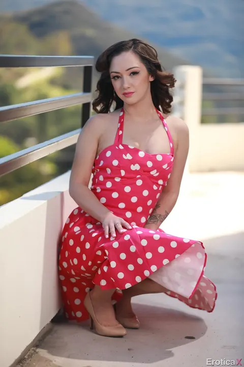 Lily Jordan: Petite Latina Brunette with Big Tits Strips Off Her Dotted Dress Outdoors – photo 2 of 21