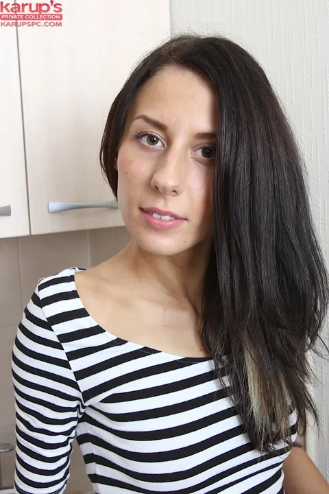 Slim Brunette in Stockings Bares Her Hairy Pussy in the Kitchen – photo 1 of 15