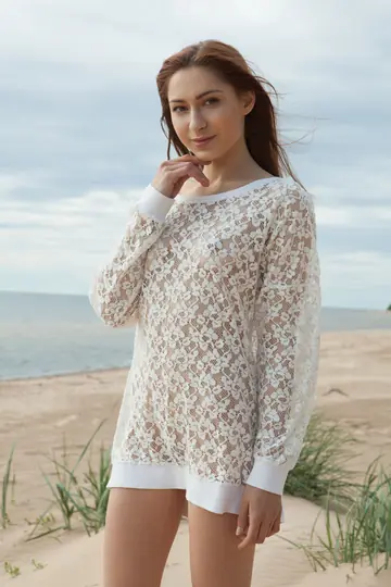 Slim Brunette Strips Out of Her Dress and Spreads on the Beach
