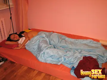 Slim Brunette in Socks Sucks Two Men and Rides Cowgirl