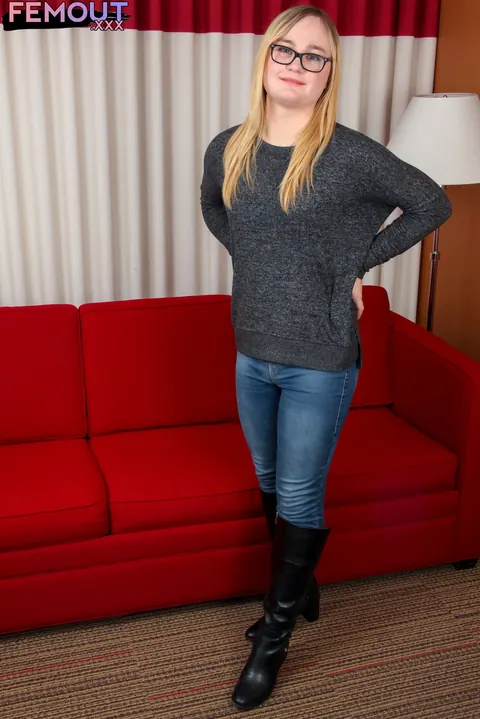 Petite Blonde Trans Woman Strips Out of Her Jeans and Panties – photo 1 of 16
