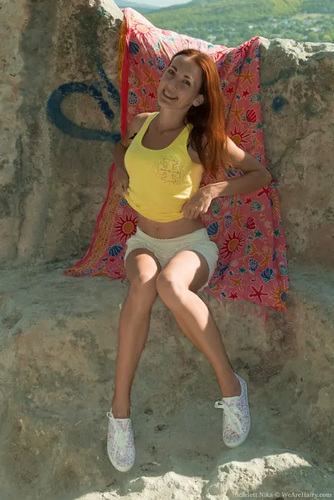 Scarlet Mika: Skinny Redhead Pulls Panties Aside to Show Her Hairy Pussy Outdoors – photo 2 of 16