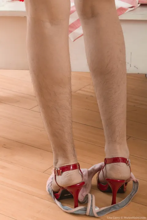 Lisa Carry: Slim Brunette in Panties Strips and Spreads Her Hairy Pussy – photo 8 of 16