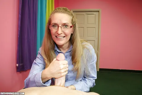 Sara James: Blonde MILF in Glasses Strokes a Big Cock in a Skirt – photo 10 of 16