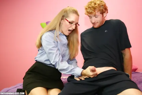 Sara James: Blonde MILF in Glasses Strokes a Big Cock in a Skirt – photo 3 of 16