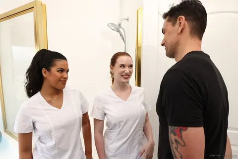 Maya Farrell: Tattooed Latina Redhead with Big Tits Joins Interracial Massage Threesome – photo 1 of 21