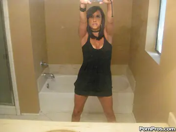 Brunette Strips Out of Her Lingerie and Skirt in the Bathroom