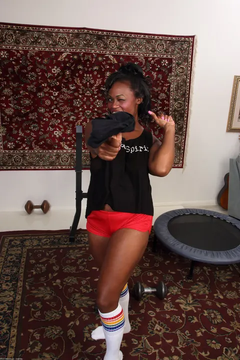 Ebony MILF in Socks Strips and Shows Her Shaved Pussy – photo 4 of 21