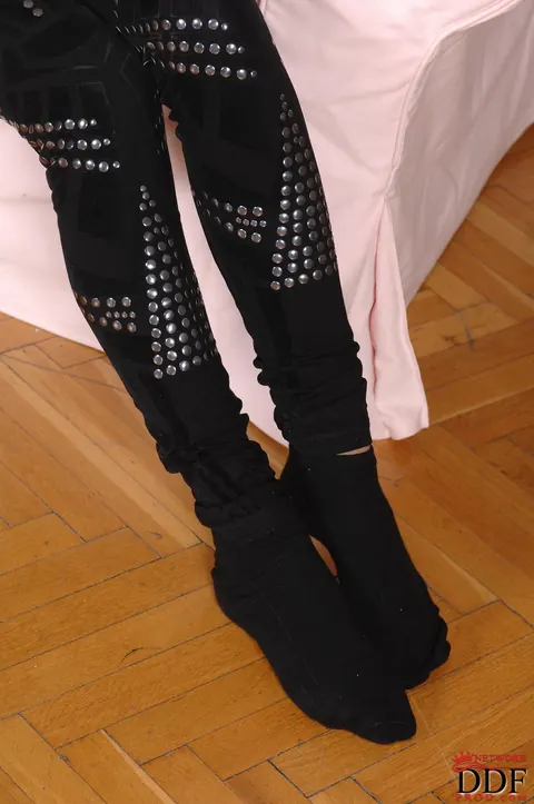 Woman in Socks Strips Nude and Spreads Her Shaved Pussy – photo 5 of 21