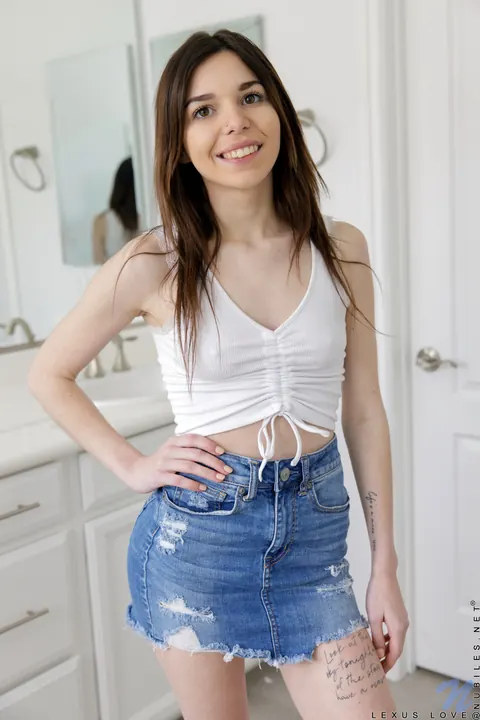 Lexus Love: Skinny Brunette in a Skirt Masturbates on the Bathroom Counter – photo 1 of 16