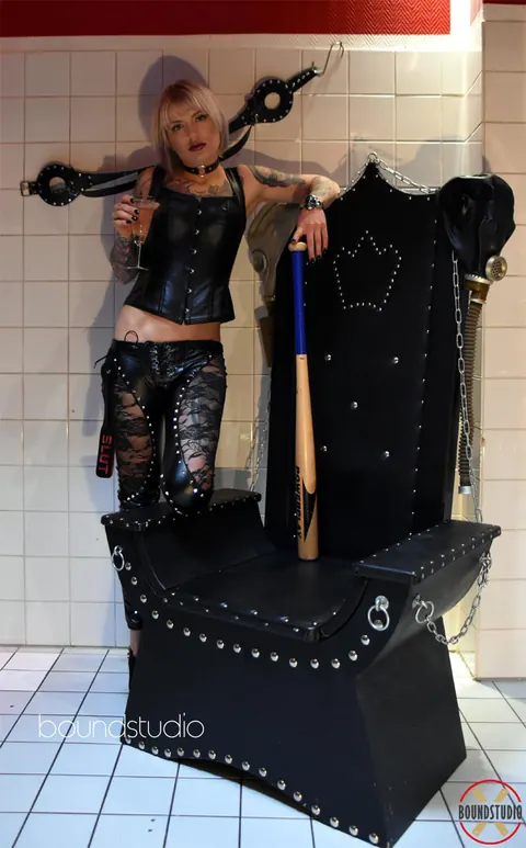Tattooed Blonde in Latex Bound to Fetish Chair – photo 2 of 16
