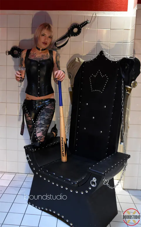 Tattooed Blonde in Latex Bound to Fetish Chair – photo 3 of 16