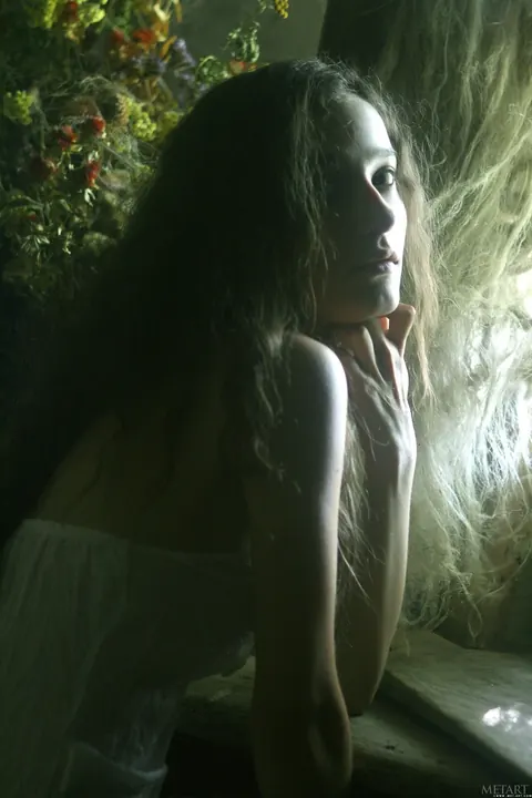 Slim Curly Brunette Strips Out of Her Skirt in the Forest – photo 1 of 21