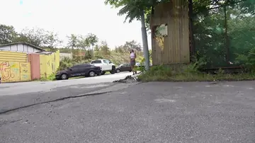Tattooed Woman Pees on Roadway and Spreads Her Shaved Pussy